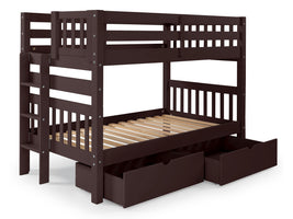 Twin over Twin Bunk Bed Dark Cherry with End Ladder and Drawers