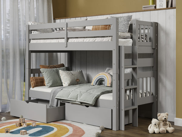 This Twin over Twin Bunk Bed in Gray with 2 Under Bed Drawers will look great in your child's bedroom