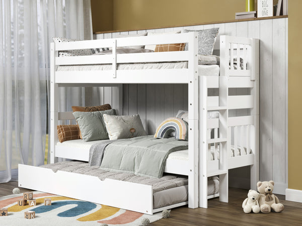 This Twin over Twin Bunk Bed in White with a Twin Trundle will look great in your child's bedroom