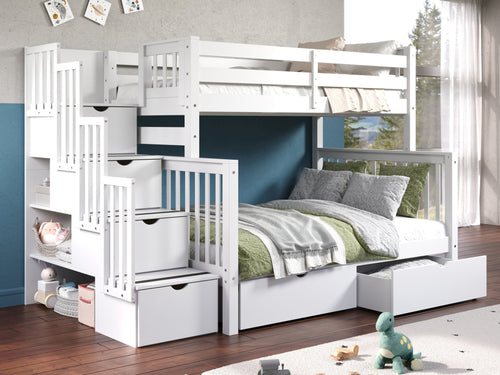 Bunk Beds Twin over Full Stairway + 2 Drawers, White