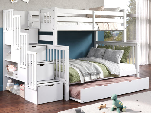 Bunk Beds Twin over Full Stairway + Twin Trundle, White