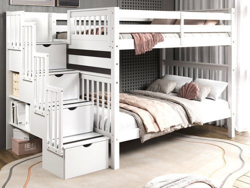 Bunk Beds Full over Full Stairway, White