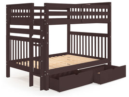 Full over Full Bunk Bed Dark Cherry with End Ladder and 2 Under Bed Drawers