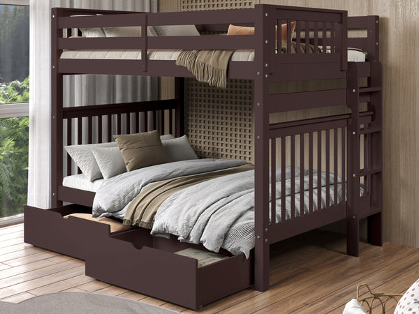 This Full over Full Bunk Bed in Dark Cherry with 2 Under Bed Drawers will look great in your child's bedroom