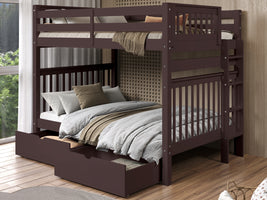 Bunk Beds Full over Full, 2 Drawers, Dark Cherry