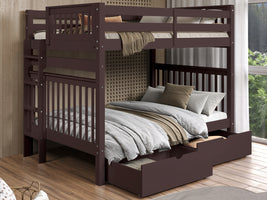 Bunk Beds Full over Full, 2 Drawers, Dark Cherry