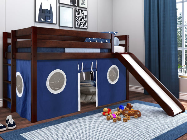 Low Loft Bed with Ladder, Slide and Blue and White Tent in Dark Cherry $249