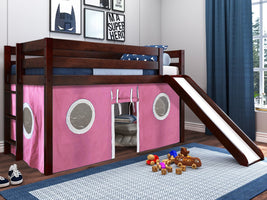 Low Loft Bed with Ladder, Slide and Pink and White Tent in Dark Cherry $249