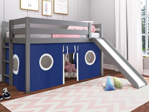 This Low Loft Bed with a Ladder, Slide and Blue & White Tent in Gray will look great in your kids room