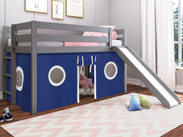 This Low Loft Bed with a Ladder, Slide and Blue & White Tent in Gray will look great in your kids room