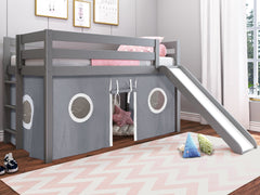 This Low Loft Bed with a Ladder, Slide and Gray & White Tent in Gray will look great in your kids room