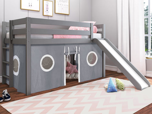 Twin Low Loft Bed Ladder, Slide Gray & White Tent, Gray