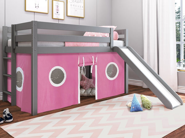 This Low Loft Bed with a Ladder, Slide and Pink & White Tent in Gray will look great in your kids room