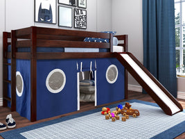 This Low Loft Bed with a Ladder, Slide and Blue & White Tent in Cherry will look great in your kids room