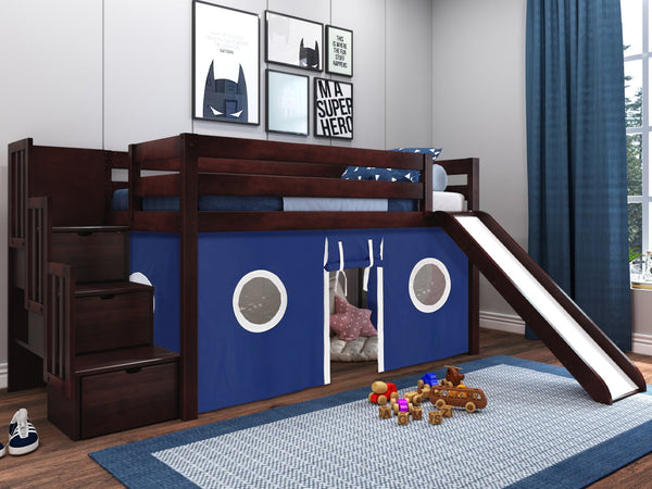 This Low Loft Bed with a Stairway, Slide and Blue & White Tent in Cherry will look great in your kids room