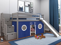 This Low Loft Bed with a Stairway, Slide and Blue & White Tent in Gray will look great in your kids room