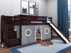 This Low Loft Bed with a Stairway, Slide and Gray & White Tent in Cherry will look great in your kids room