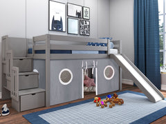 This Low Loft Bed with a Stairway, Slide and Gray & White Tent in Gray will look great in your kids room