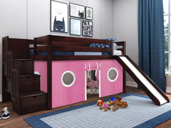 This Low Loft Bed with a Stairway, Slide and Pink & White Tent in Cherry will look great in your kids room