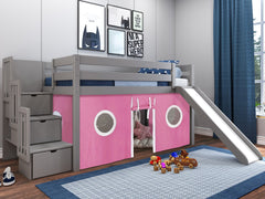 This Low Loft Bed with a Stairway, Slide and Pink & White Tent in Gray will look great in your kids room