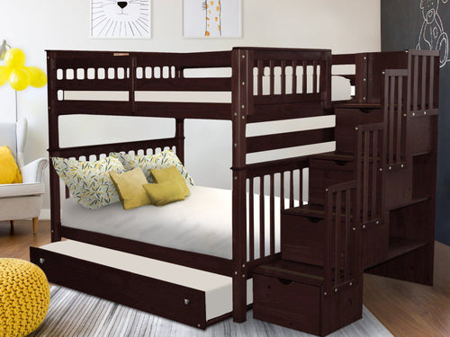 Bunk Beds Full over Full Stairway + Trundle Dark Cherry