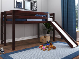 This Low Loft Bed with a ladder, slide and Blue and White in dark cherry will look great in your kids room
