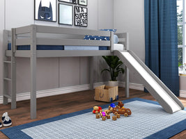 Low Loft Bed with Ladder, Slide and Blue & White Tent in Gray $349
