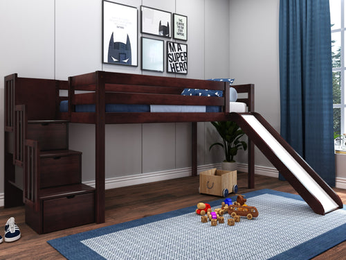 Twin Loft Bed 3 Step Stairway and Slide, Cherry