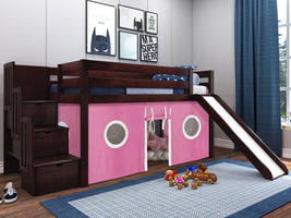 Twin Low Loft Bed Stairway, Slide and Pink & White Tent, Cherry