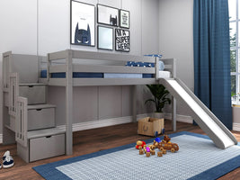 Low Loft Bed with a 3 Step Stairway, Slide and Blue & White Tent in Gray $489