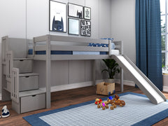 Low Loft Bed with a 3 Step Stairway and Slide in Gray $449