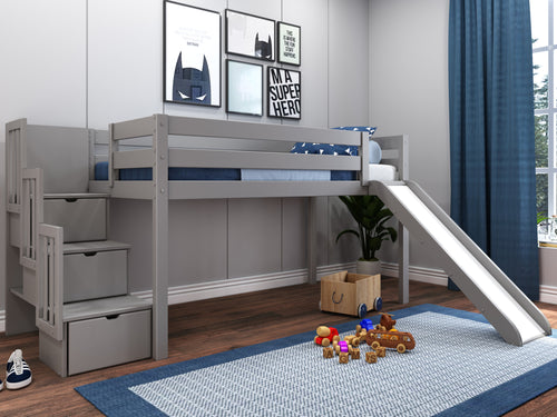 Twin Loft Bed 3 Step Stairway and Slide, Gray