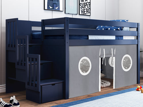 Twin Stairway Low Loft Bed in BLUE, Gray & White Tent