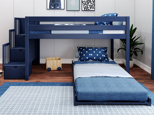 Twin Low Loft Bed with Stairway and Under Bed in Blue