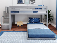 Twin Low Loft Bed with Stairway and Twin Under Bed in Gray $549