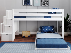 Twin Low Loft Bed with Stairway and Twin Under Bed in White $549