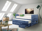 Three drawers are attached to the bed that slide out on metal glides
