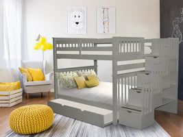 Bunk Beds Full over Full Stairway, Twin Trundle, Gray