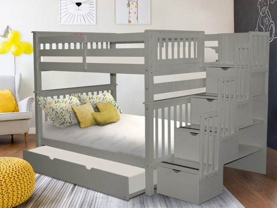 Bunk Beds Full over Full Stairway + Twin Trundle in Gray