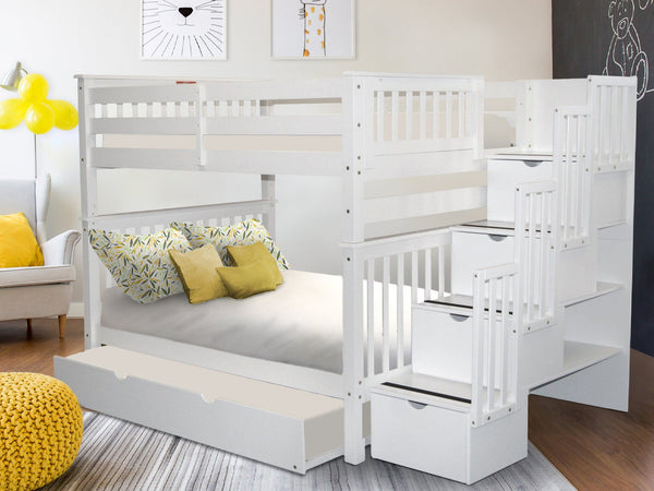 This Full over Full Stairway Bunk Bed with a Twin Trundle in White will look great in your home