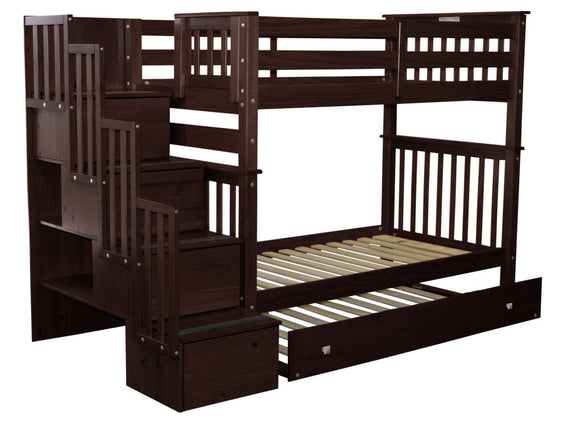 Bunk Beds Tall Twin over Twin Stairway, Trundle, Dark Cherry