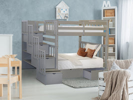 Bunk Beds Tall Twin over Twin Stairway, 2 Drawers, Gray