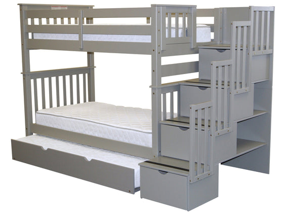 Bunk Beds Tall Twin over Twin Stairway, Trundle, Gray