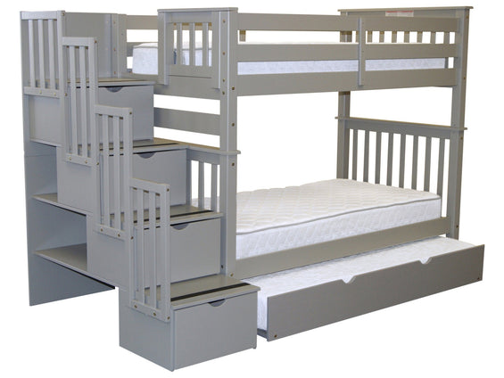 Bunk Beds Tall Twin over Twin Stairway, Trundle, Gray