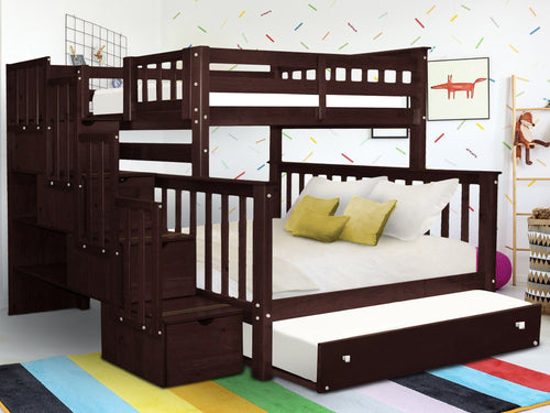 Bunk Beds Twin over Full Stairway + Trundle Dark Cherry