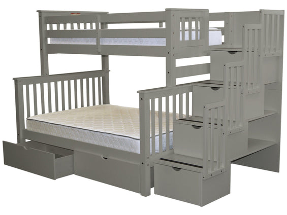 Bunk Beds Twin over Full Stairway, 2 Drawers, Gray