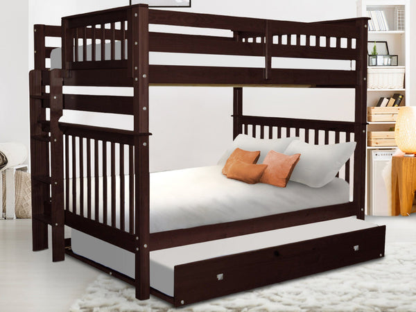 This Full over Full End Ladder Bunk Bed with a Full Trundle in Dark Cherry will look great in your home