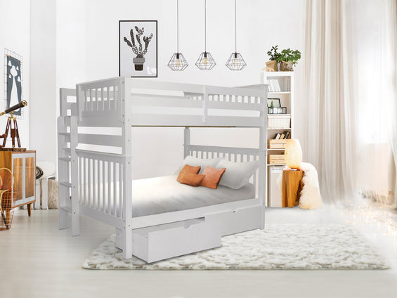 Bunk Beds Full over Full Ladder, 2 Drawers, White