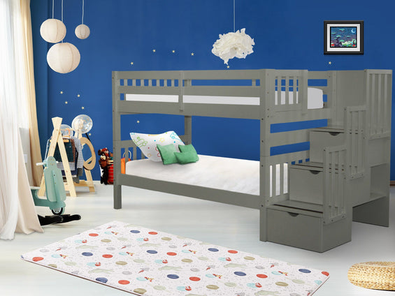 Bunk Beds Twin over Twin Stairway in Gray
