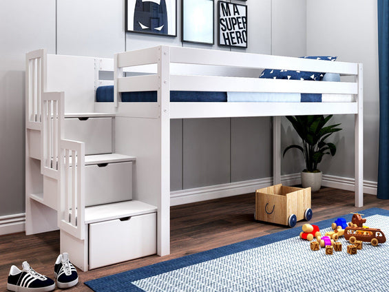 JACKPOT Low Loft Twin Bed with a 3 Drawer Stairway, White with Blue ...